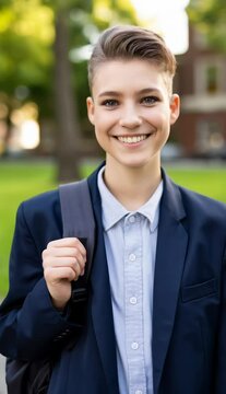 teenage trans high school student posing at his high school front yard
