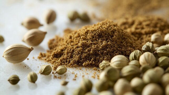 Macro close up of a few dried coriander seeds and freshly ground coriander on a white surface highlighting texture and color overlay cut out on isolated transparent removed background