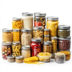 Variety of Dried Pasta, Grains and Legumes in Glass Jars on White Background