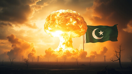 Photorealistic nuclear blast with massive mushroom cloud over barren land. Indian flag on left, Pakistani on right in smoky sky. Flames, shockwaves, and destruction dominate the apocalyptic scene.

