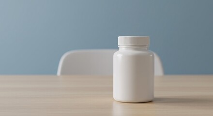 Blank White Medicine Bottle on Table Perfect for Mockups and Healthcare Designs