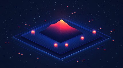 Abstract digital landscape with glowing pyramid form and stars a vibrant conceptual art piece for technological or futuristic themes