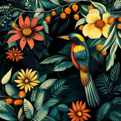 Colorful bird perched among vibrant tropical flowers and foliage Generative AI