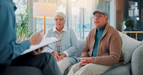 Stress, consulting and financial advisor with old couple in office for retirement fund, debt...