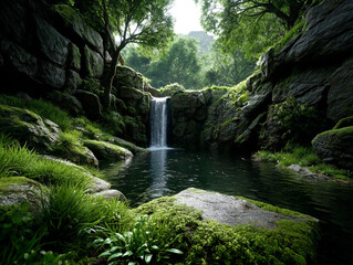 Mossy waterfall hidden in an ancient forest 32k, full ultra hd, high resolution