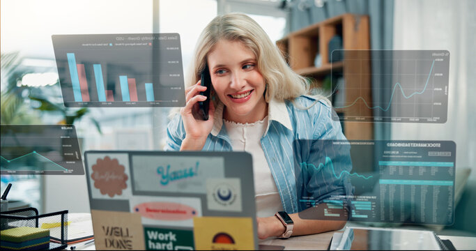 Happy woman, laptop and phone call with hud statistics or hologram for market analysis at office. Female person, broker or financial analyst with technology or digital overlay for investment advice