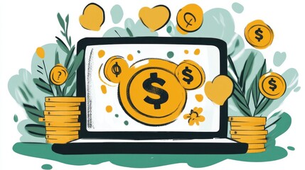 Laptop graphic showcasing financial investment and growth opportunities in a digital illustration on finance and technology