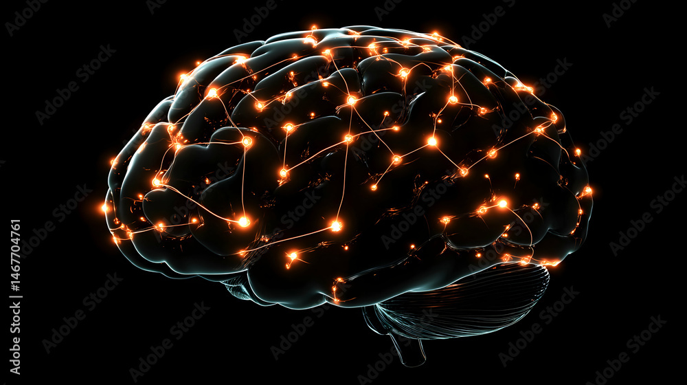 Poster conceptual rendering of a brain with glowing neural network connections