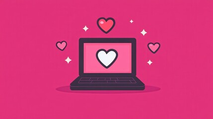 Pixelated laptop displaying hearts representing online dating love connection or romance digital concept on vibrant pink background