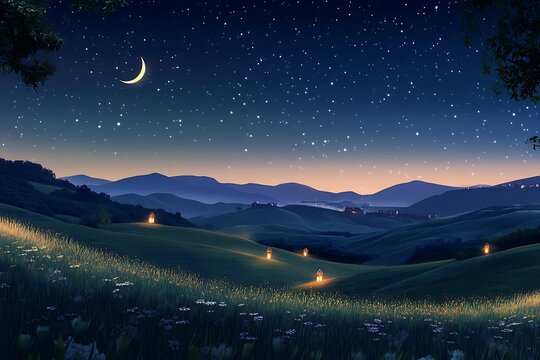A calm Eid ul Azha night scene with a glowing crescent moon and twinkling stars above rolling hills and simple lanterns in the distance