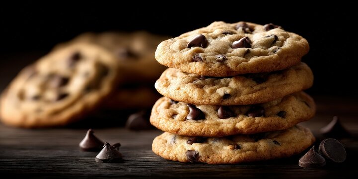 Chocolate chip cookies stacked on a rustic wooden surface in a dimly lit setting