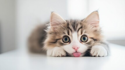 Playful kitten sticking out tongue on a bright surface
