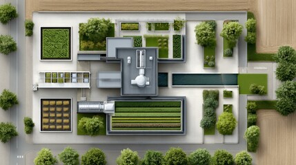 Aerial illustration of biogas power plant master plan showing reactor fields, feedstock delivery roads, control building, and grid interconnection substation with labeled zones