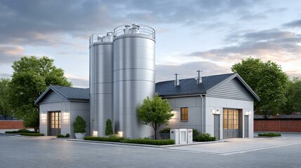 Photorealistic rendering of a community-scale biogas plant powering local grid, showing digesters, generator containers, and microgrid switchgear in a village setting at sunrise