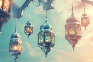 Obraz premium A calming Eid ul Azha atmosphere with abstract Islamic motifs and vibrant lanterns, set against a soft, dusky blue sky
