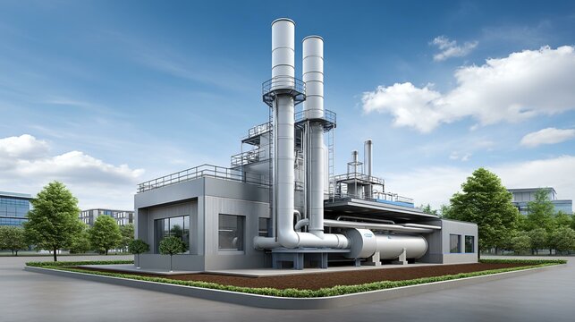 Technical diagram style scene featuring biogas purification columns, scrubber towers, and CO&acirc;&sbquo;&sbquo; removal units with measurement readouts for an educational engineering brochure
