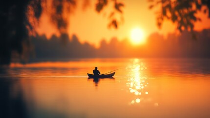 Fototapeta premium Serene sunset over a lake with a lone fisherman in a boat