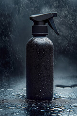 Blank black spray bottle on a wet surface