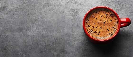Top view of a red ceramic mug filled with frothy coffee set against a textured gray stone surface, providing a minimalistic background.