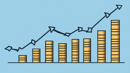 Rising financial growth with upward trend line and golden coin stacks representing investment and success for business and economy reports