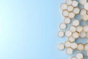 Fototapeta premium Honeycomb pattern of white and gold hexagons on light blue background