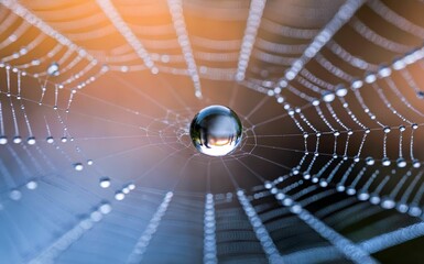 Sparkling Dew on Spider Web with Colorful Background