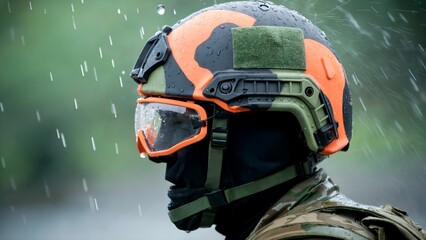 Close-Up of Paintball Player Submerged in Water with Camouflage Helmet and Gear
