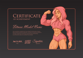 Fitness Achievement Certificate with Cartoon Female Bodybuilder
