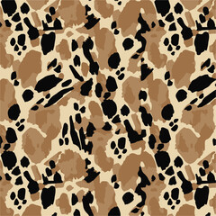 Leopard print. Vector seamless pattern. Animal skin background with black and brown spots on beige backdrop. Abstract exotic safari texture. Jaguar, leo, puma cheetah fur pattern. Repeat design