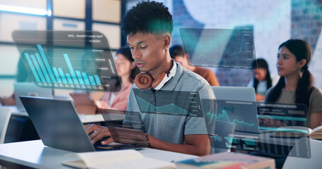 Man, laptop and statistics with hologram in workshop for online trading course or market analysis...
