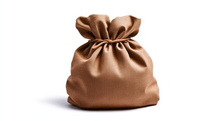 Obraz premium A brown drawst pouch tied at the top sits isolated on a white background casting a shadow, suitable for gifts or storage concepts.