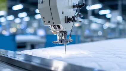 Sewing machine quilting white fabric with a needle in an industrial setting