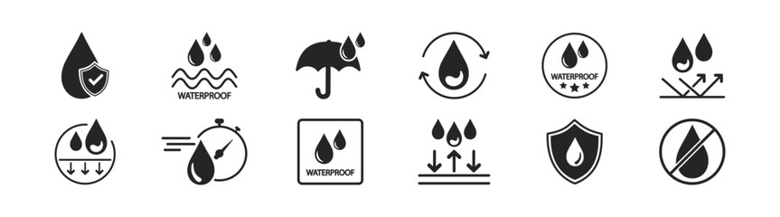 Waterproof icons. Water resistant symbol. Water drop protection concept. Vector illustration