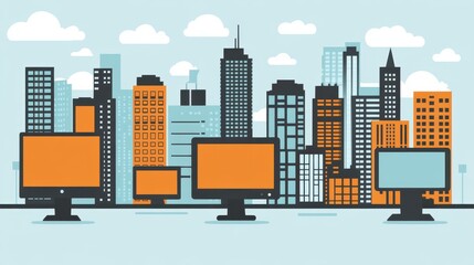 Cityscape Technology Illustration with Modern Buildings and Digital Displays showcasing Business Network and Communication