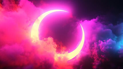 Obraz premium Neon crescent moon through colorful clouds