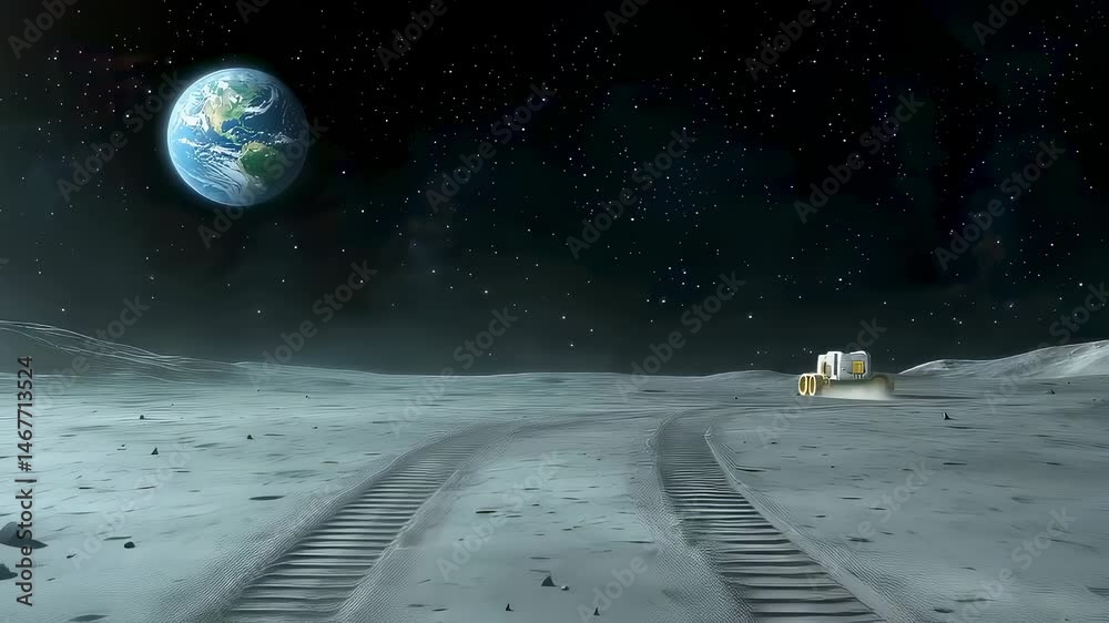 Wall mural robotic rover exploring lunar surface with earth visible in starry background. wheel tracks across c