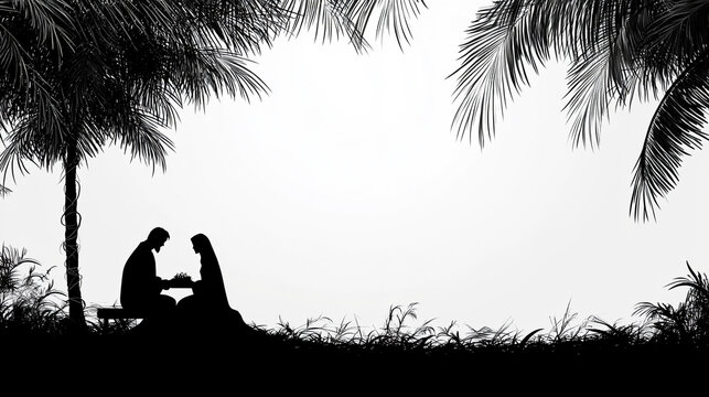 Minimalistic digital silhouette of the Holy Family in a nativity scene with soft light and side caption space. Symbolizes peace, faith, and the sacred beauty of Christmas in a serene composition.

