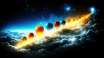 Mystical ascent of vibrant hot air balloons through ethereal clouds toward a distant starlit horizon in the dark blue night universe