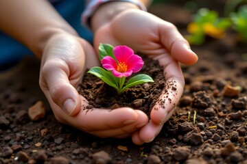 a delicate pink flower emerging from dirt soil, which is being gently cradled in a human hand