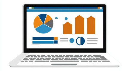 Laptop displays financial performance analytics charts reports diagrams illustration dashboard for business stock trading and investment