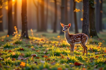 a serene morning scene in an autumnal forest with fallen leaves covering the ground