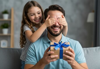 A young girl surprises her father with a gift while covering his eyes in a loving moment indoors