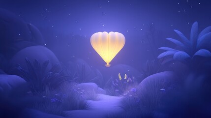 Dreamlike heart shaped hot air balloon gently floating among celestial clouds and starry sky inspiring magical love and hope concept
