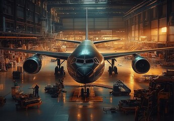 Fototapeta premium A large aircraft undergoing maintenance in a hangar with open top and workers nearby.