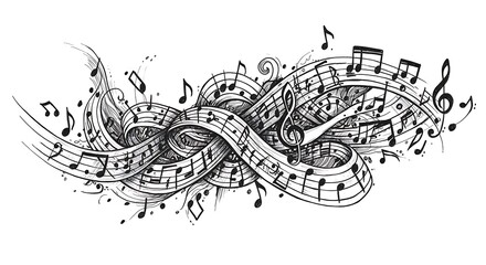 Music Notes Flowing Abstractly in Black and White Design