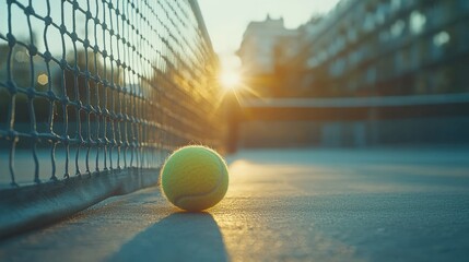 Tennis ball on the court. Sunrise backlighting the scene