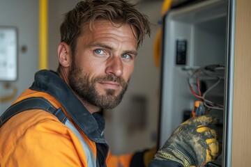 Appliance repairman fixing broken fridge at customer's home