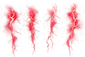 Abstract depiction of red lightning bolts with dynamic energy and vivid splashes in a white background