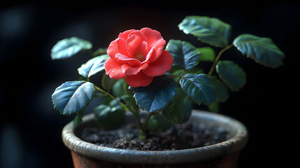 Vibrant orange red camellia flower in pot