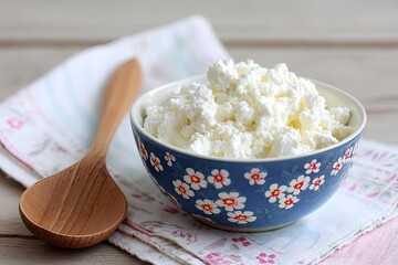Cottage Cheese in a Floral Bowl on Rustic Table Setting with Wooden Spoon